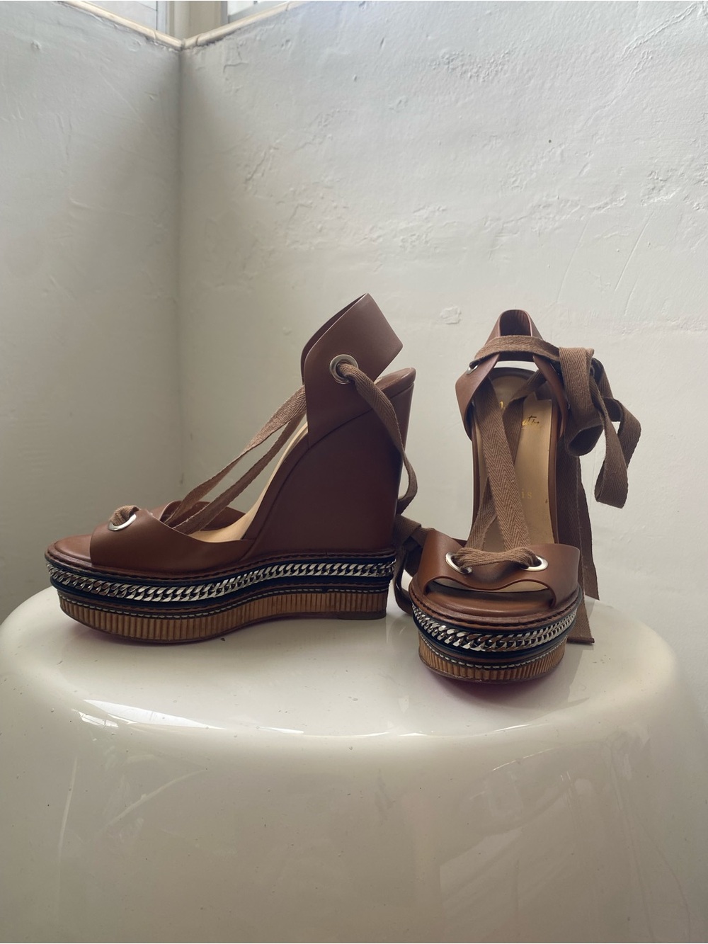 Christian Louboutin Brown Leather Platform Sandals with Chain Trim - Picture 2 of 7